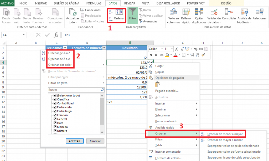 3 opciones diferentes para ordenar en Excel