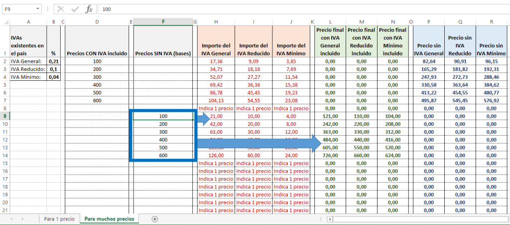 Ejemplo de cálculo de incluir el IVA a varios precios sin IVA en Excel
