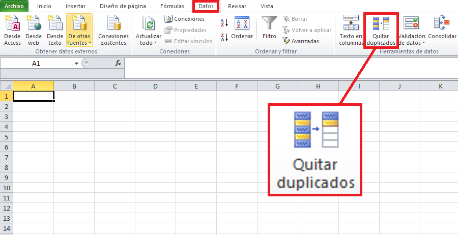 donde esta el icono de quitar duplicados en Excel 2010
