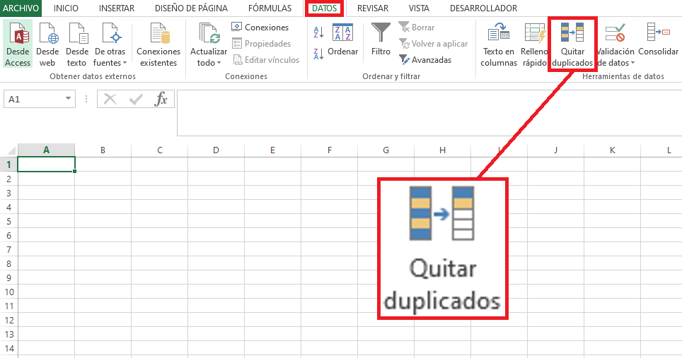 donde esta el icono de quitar duplicados en Excel 2013