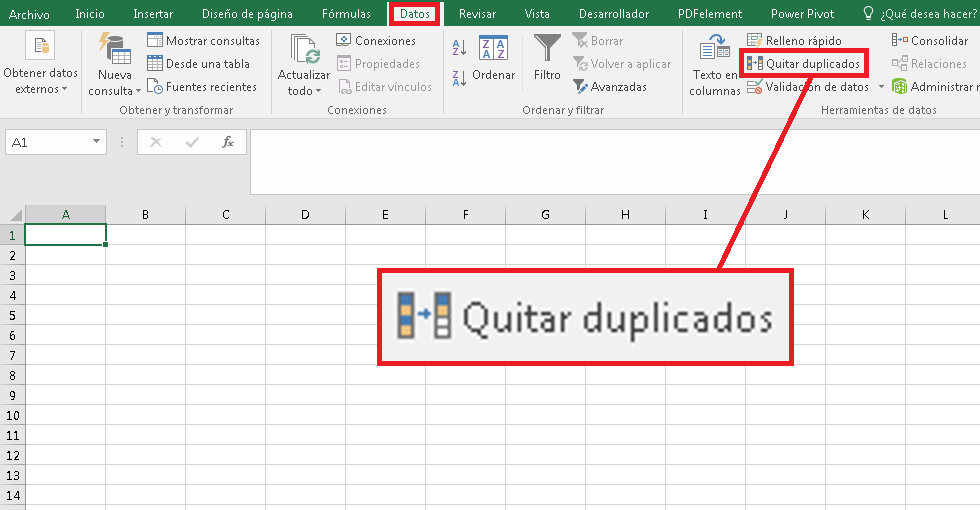 donde esta el icono de quitar duplicados en Excel 2016